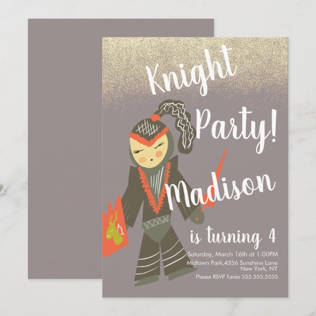 Niedliches Ritter Party Doodle Einladung (Vorne/Hinten)