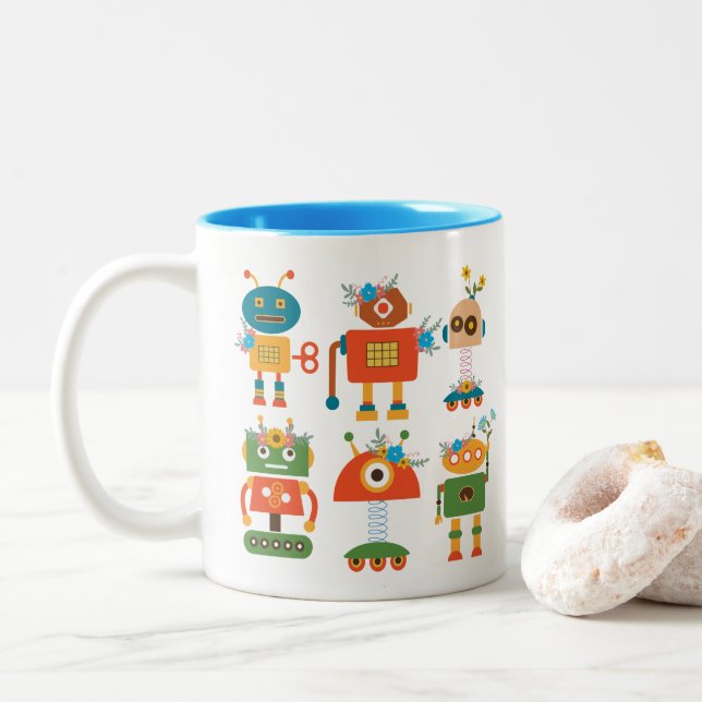 Niedliches Roboterdesign Zweifarbige Tasse (Mit Donut)