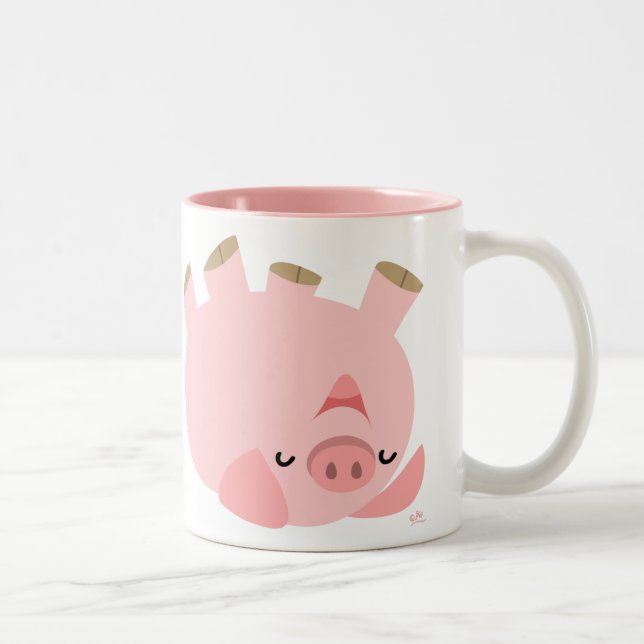 Niedliches Rollen über Cartoon-Schwein Zweifarbige Tasse (Rechts)