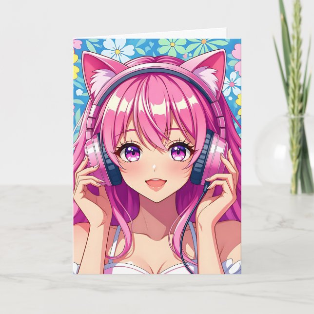 Niedliches Rosa Anime Girl mit Kopfhörern Geburtst Karte (Vorderseite)