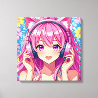 Niedliches rosa Anime-Girl mit Kopfhörern