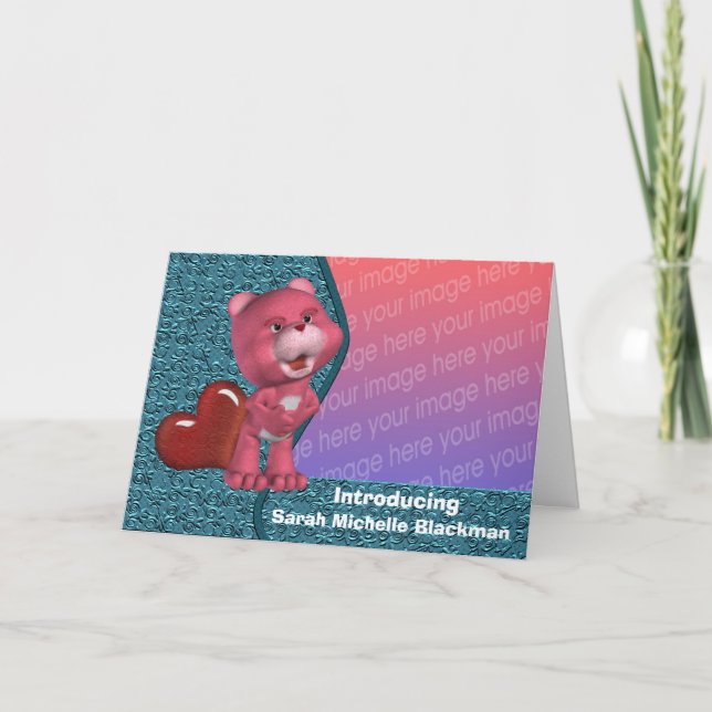 Niedliches Rosa Bären Rotes Herz Neue Foto-Karte Ankündigung (Vorderseite)