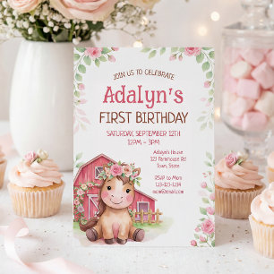 Niedliches rosa Blumen Pferd Geburtstag Einladung