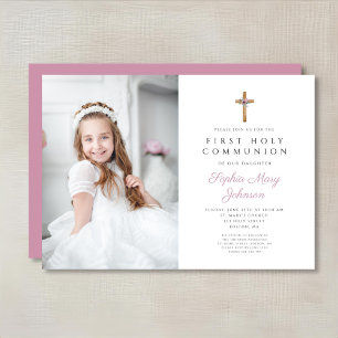 Niedliches Rosa Blumenkreuz Foto Girl First Commun Einladung