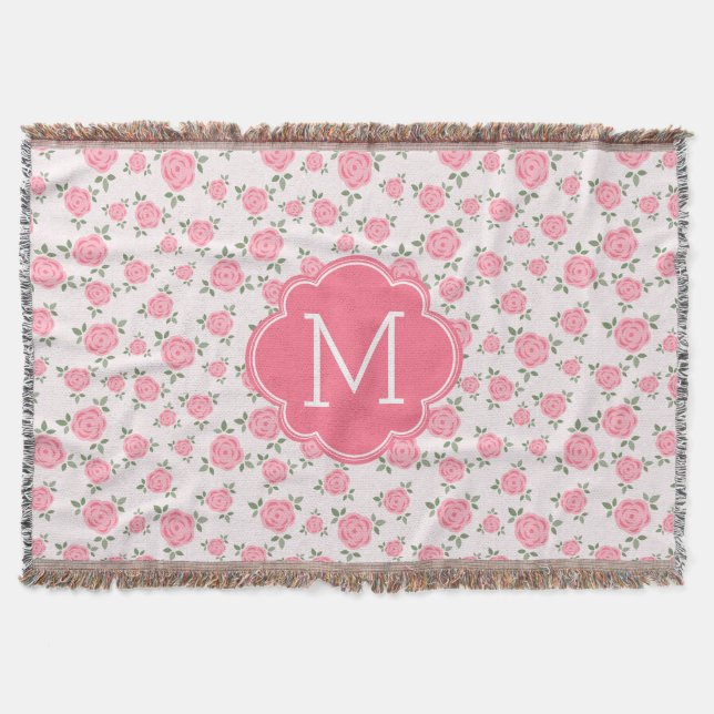 Niedliches rosa Blumenmuster-Monogramm Decke (Vorderseite)