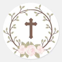 Niedliches Rosa Blumenreath Cross Taufe Christenin Runder Aufkleber