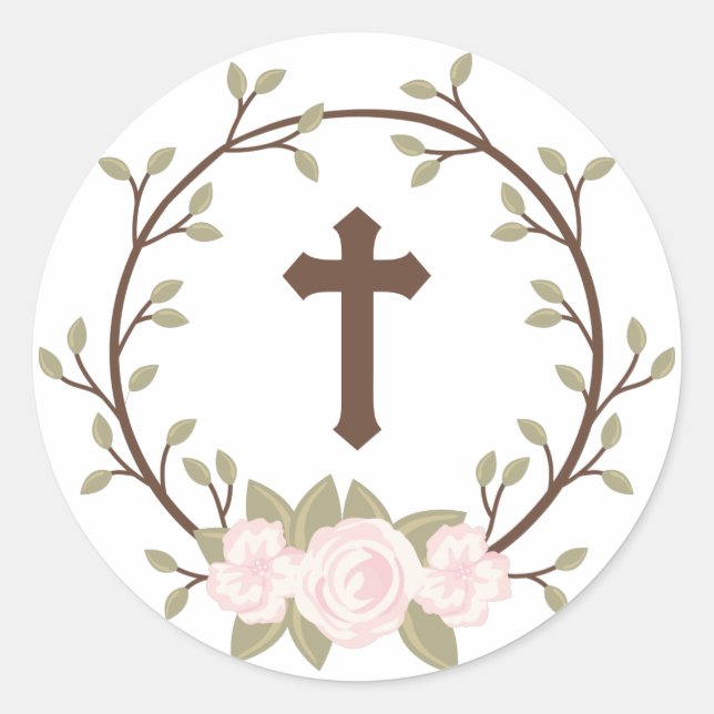 Niedliches Rosa Blumenreath Cross Taufe Christenin Runder Aufkleber (Vorderseite)