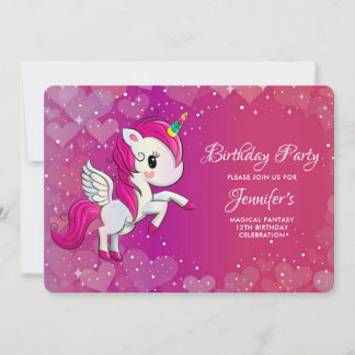Niedliches Rosa Einhorn mit Flügeln Geburtstag Einladung