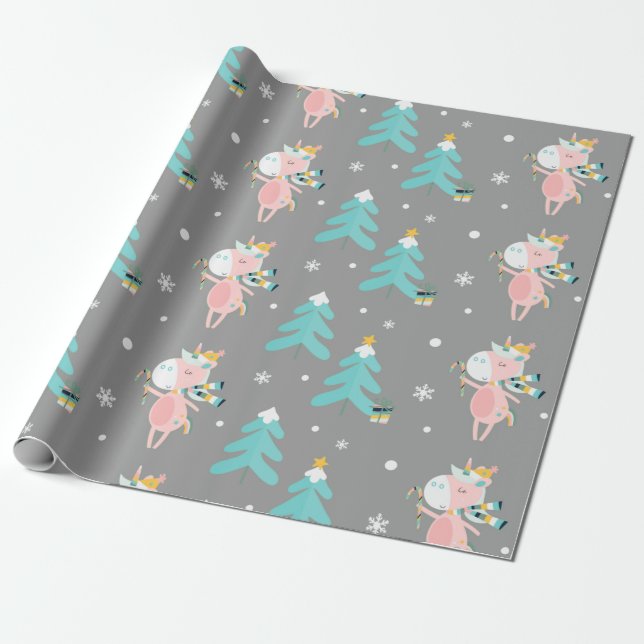 Niedliches rosa Einhorn Weihnachtsbaummuster Geschenkpapier (Ungerollt)