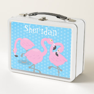 Niedliches rosa Flamingo-Trio blaue Cartoon-Illust Metall Brotdose