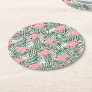Niedliches rosa Flamingoes Palm Leafs Art Pattern Runder Pappuntersetzer