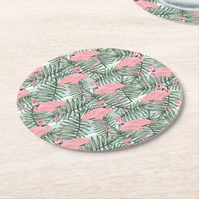Niedliches rosa Flamingoes Palm Leafs Art Pattern Runder Pappuntersetzer (Angewinkelt)