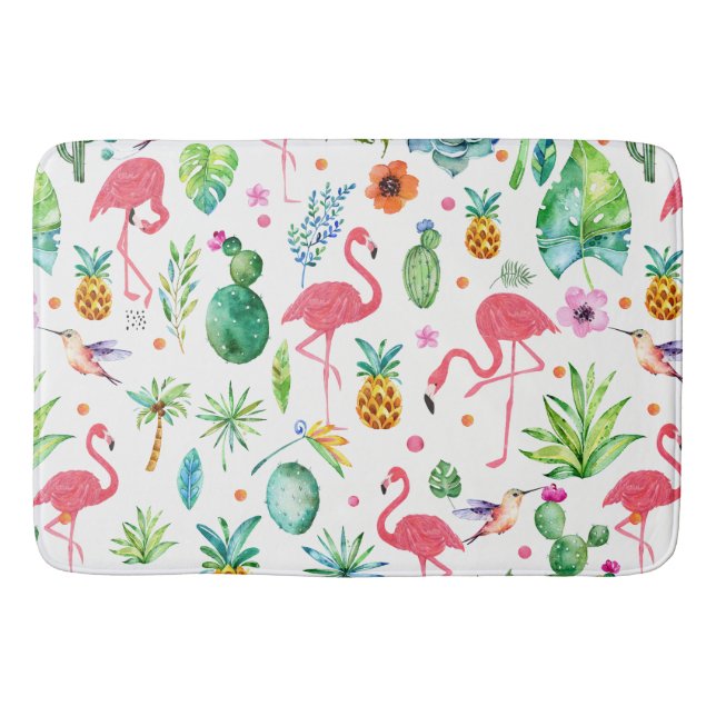 Niedliches rosa Flamingos-Muster und tropische Blu Badematte (Vorderseite)