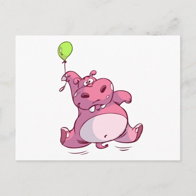 NIEDLICHES ROSA FLUSSPFERD AUF BALLON POSTKARTE (Vorderseite)
