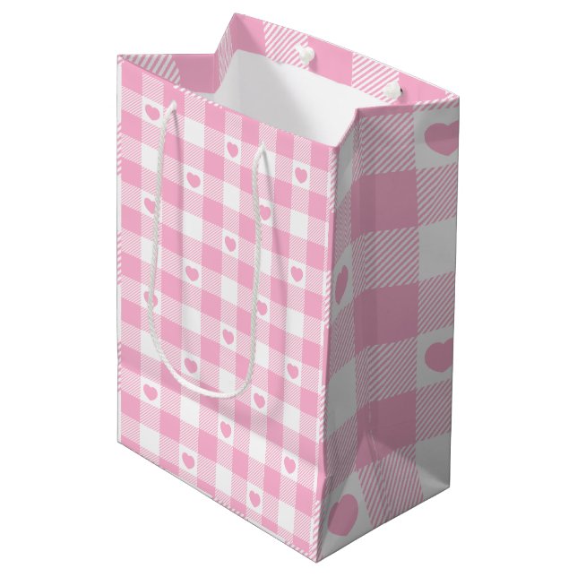 Niedliches Rosa Gingham Vichy mit Herz Mittlere Geschenktüte (Vorderseite Schrägansicht)