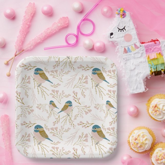 Niedliches Rosa-Gold-Chickadee-Bird-Floral-Herz-Ev Pappteller (Party)