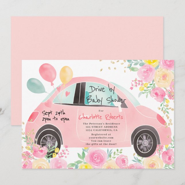 Niedliches rosa Goldauto mit Babydusche Einladung (Vorne/Hinten)
