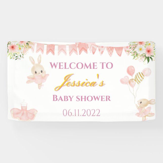 Niedliches rosa-goldfarbenes Ballerina-Babyduschba Banner (Horizontal)