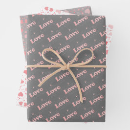 Niedliches Rosa/Graues Valentin "Liebe" & Herzmust Geschenkpapier Set