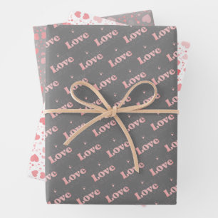 Niedliches Rosa/Graues Valentin "Liebe" & Herzmust Geschenkpapier Set