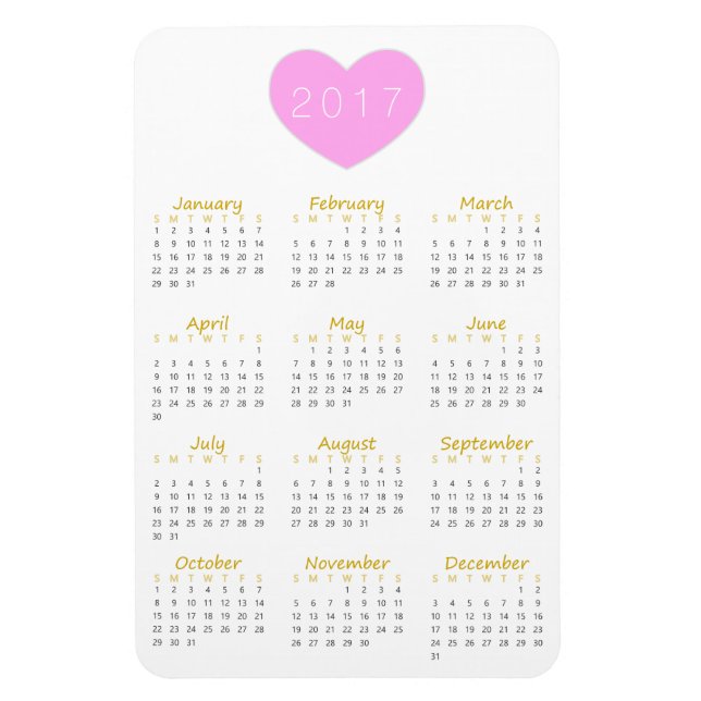 Niedliches rosa Herz 2017 Kalender Magnet - Gold & (Vertikal)