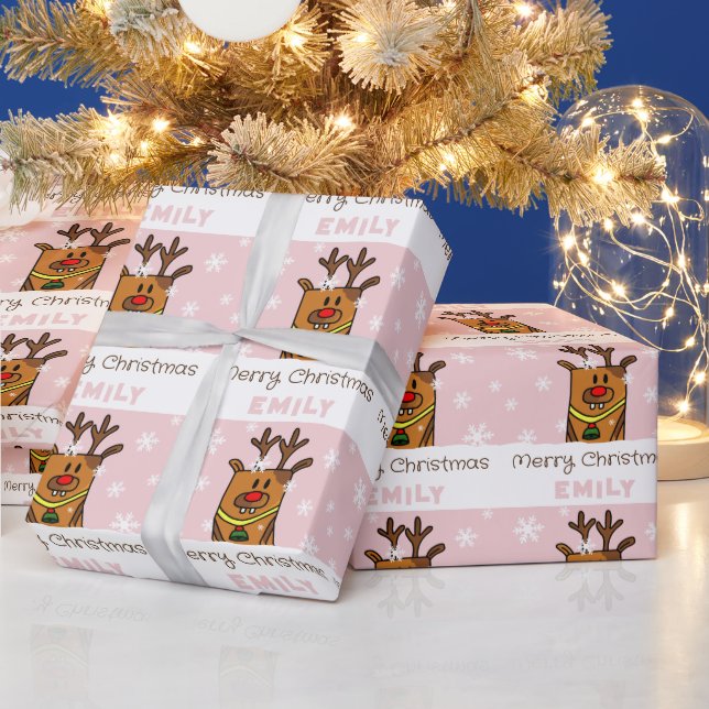 Niedliches Rosa Hirsch Zeichnend Schneeflocken Wei Geschenkpapier (Feiertage)