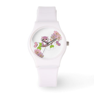 Niedliches rosa Hoot Owl auf der Zweigstelle Armbanduhr