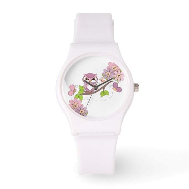 Niedliches rosa Hoot Owl auf der Zweigstelle Armbanduhr (Vorderseite)
