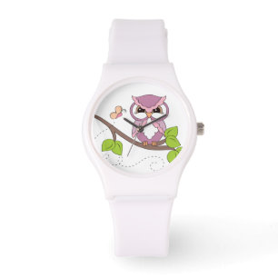 Niedliches rosa Hoot Owl auf der Zweigstelle Armbanduhr