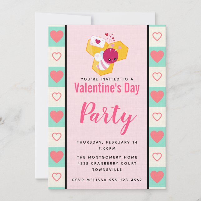 Niedliches Rosa Hummeln Valentinisches Party Einladung (Vorderseite)