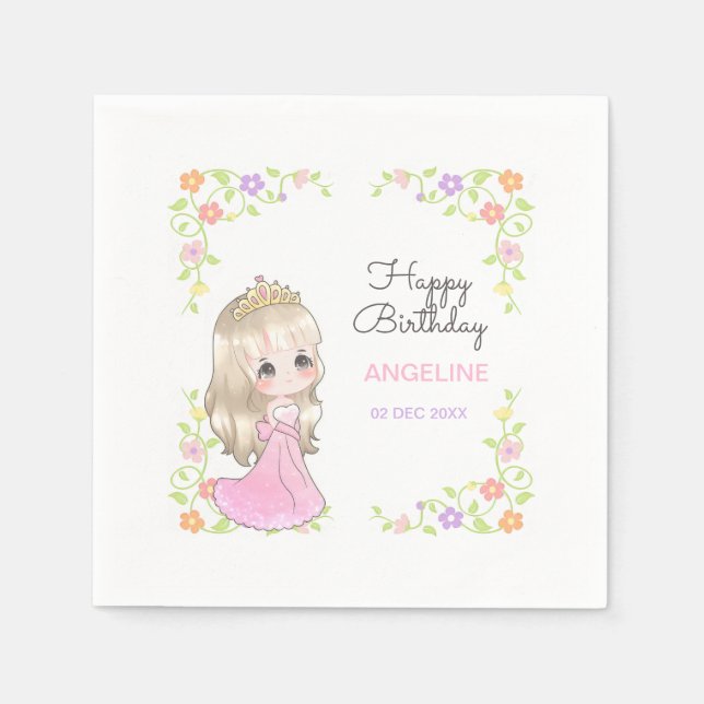 Niedliches rosa Kleid Princess Floral Geburtstag Serviette (Vorderseite)