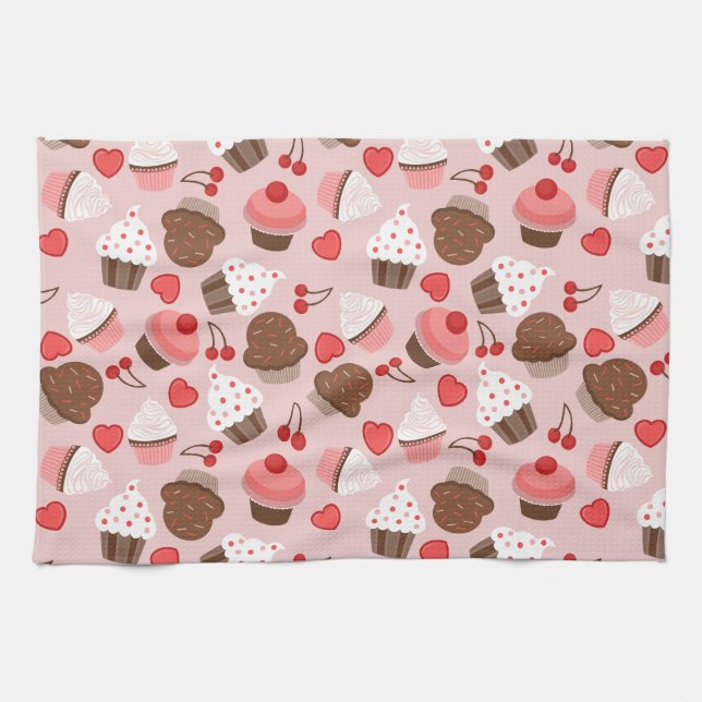 Niedliches rosa Kuchen-, Herz-und Kirschmuster Küchentuch (Horizontal)