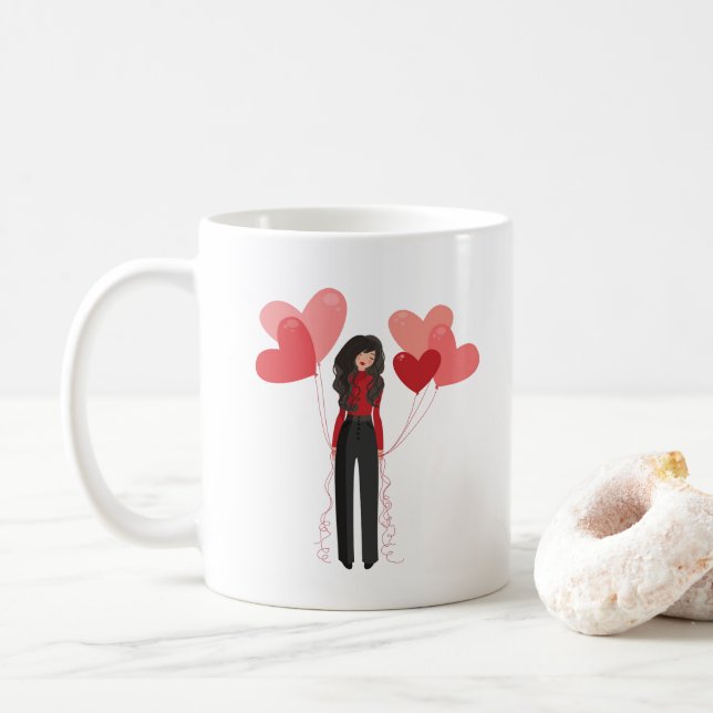 Niedliches rosa Mädchen mit Herzblasen Kaffeetasse (Mit Donut)