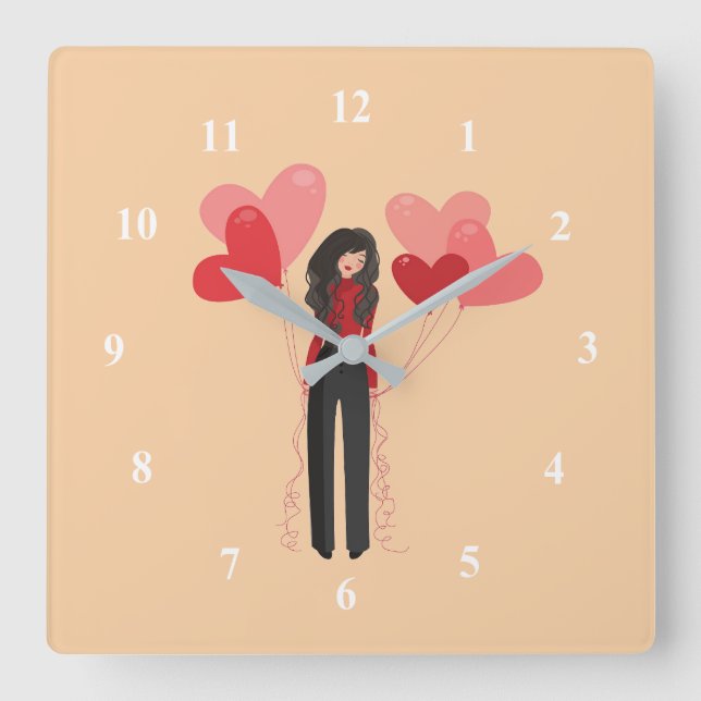 Niedliches rosa Mädchen mit Herzblasen Quadratische Wanduhr (Vorderseite)