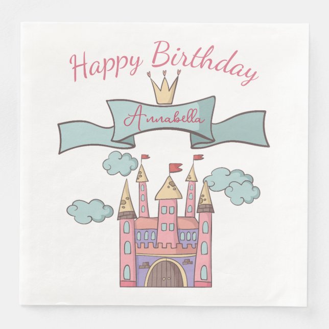 Niedliches Rosa Märchen Burg Individuelle Name Serviette (Vorderseite)