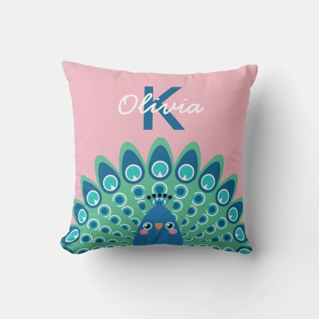 Niedliches rosa mit Monogramm des Pfau-| Kissen (Vorderseite)