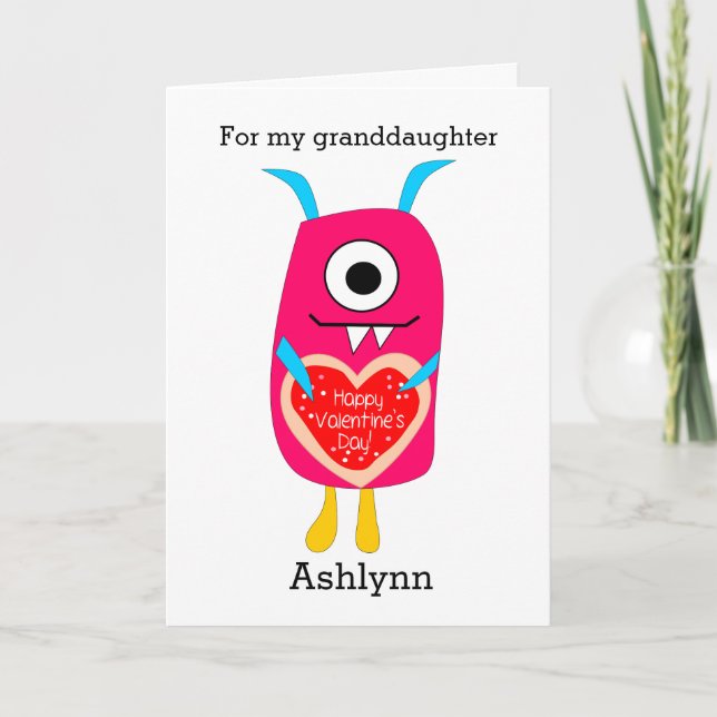 Niedliches rosa Monster Valentine Grandtochter Feiertagskarte (Vorderseite)