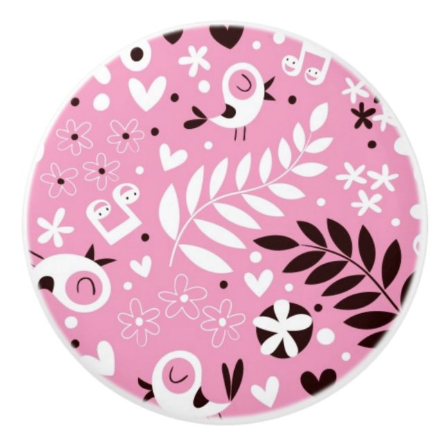 niedliches rosa Muster der Vögel und der Blumen Keramikknauf (Vorderseite)