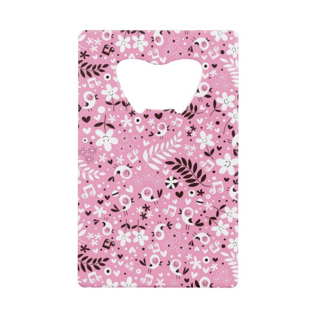 niedliches rosa Muster der Vögel und der Blumen Kreditkarten Flaschenöffner (Vorderseite)