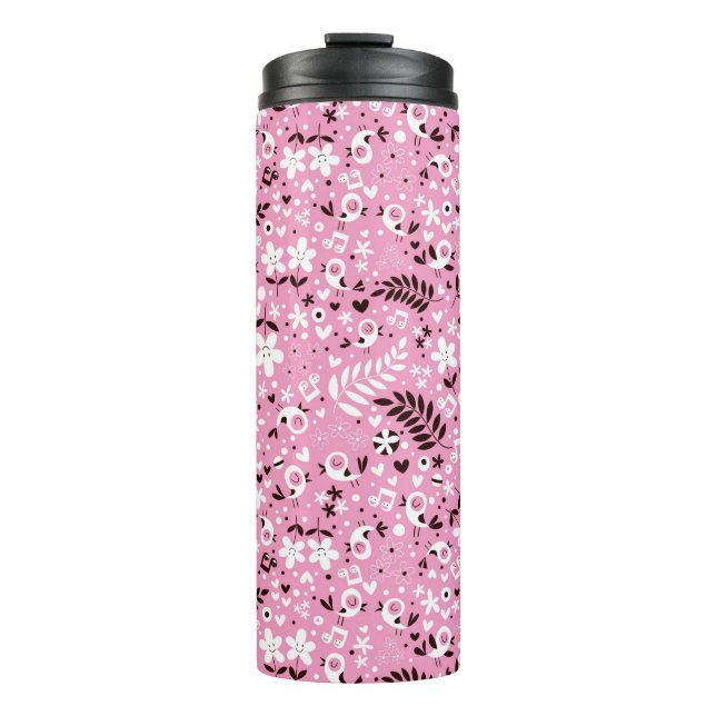 niedliches rosa Muster der Vögel und der Blumen Thermosbecher (Vorderseite)