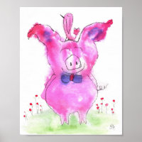 Niedliches rosa Pig und Vogelposter 8x10"