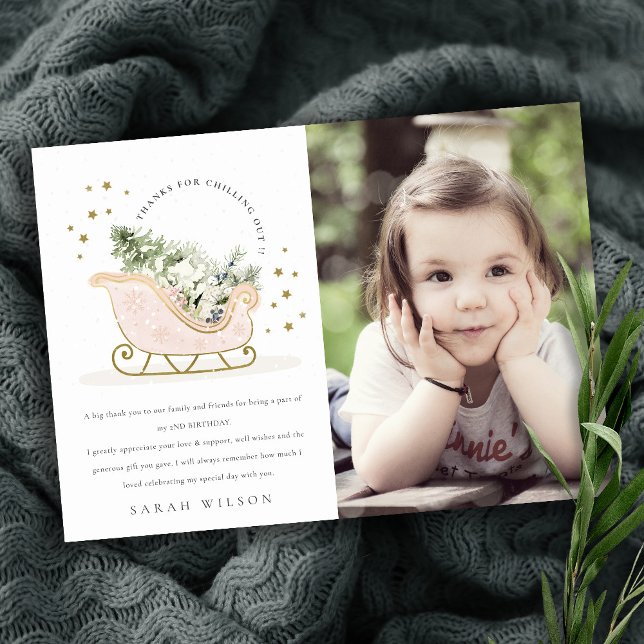 Niedliches Rosa Rosa Goldener Winter Schlitten Fot Dankeskarte (Von Creator hochgeladen)