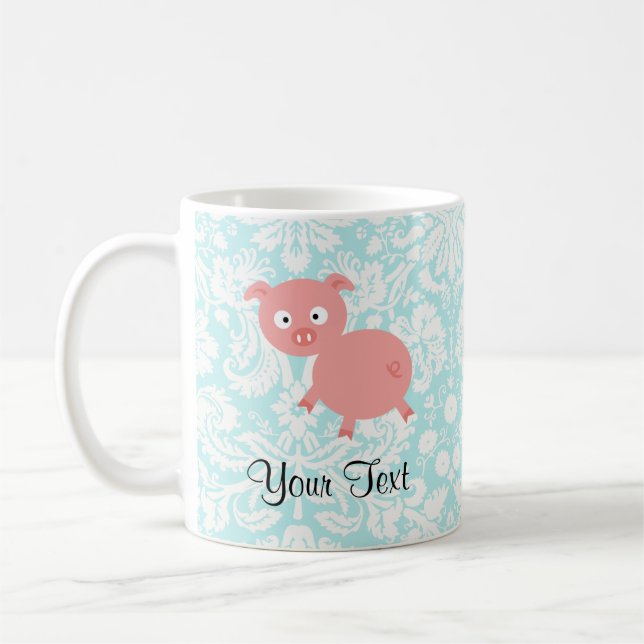 Niedliches rosa Schwein; Aquamariner Damast Kaffeetasse (Links)