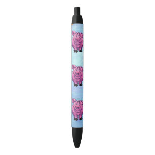Niedliches rosa Schwein auf blauem Schreiben Kugelschreiber