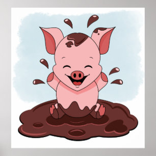 Niedliches rosa Schwein spielt im Schlamm Poster