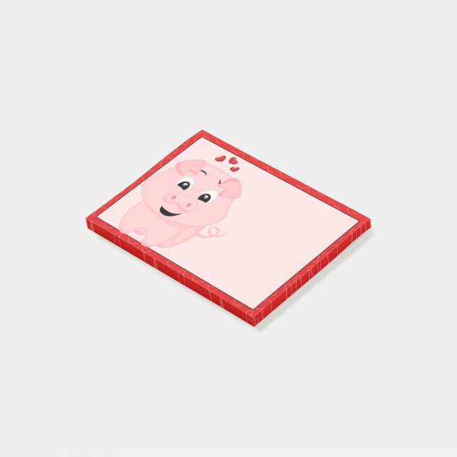 Niedliches rosa Schwein und Herz Post-it Klebezettel (angewinkelt)