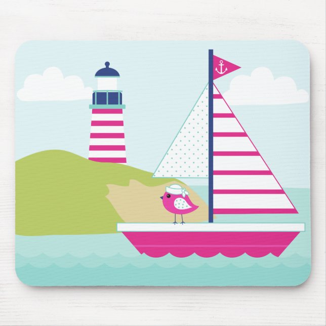 Niedliches rosa Segelboot und Leuchtturm Mousepad (Vorne)