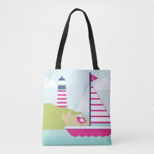 Niedliches rosa Segelboot und Leuchtturm Tasche