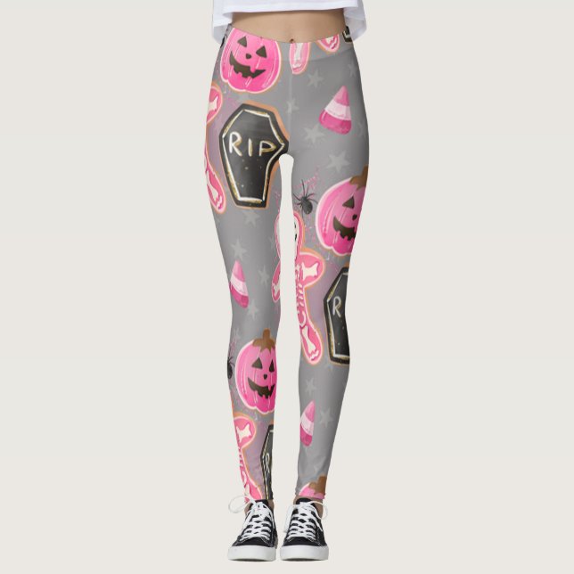 niedliches rosa Skelett Halloween mit Süßigkeiten  Leggings (Vorderseite)