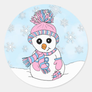 Niedliches rosa und blaues Snowman-und Runder Aufkleber